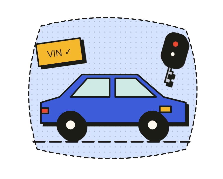 Modré auto s klíčky a štítkem VIN