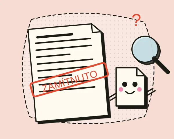Dokument s červeným razítkem Zamítnuto a maskot Vzoráček s lupou