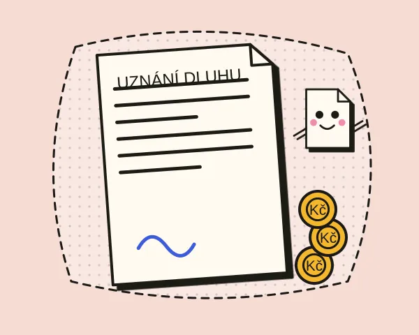 Listina Uznání dluhu s podpisem a hromádka mincí